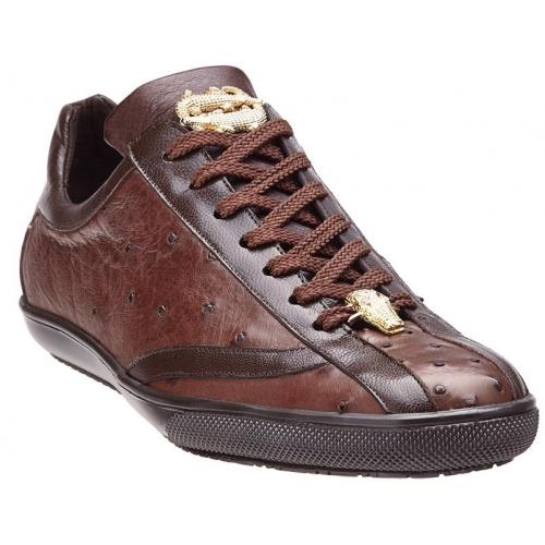 Belvedere "Volta" Brown Genuine Ostrich And Soft Calf Casual Sneakers With Alligator Head 33016.